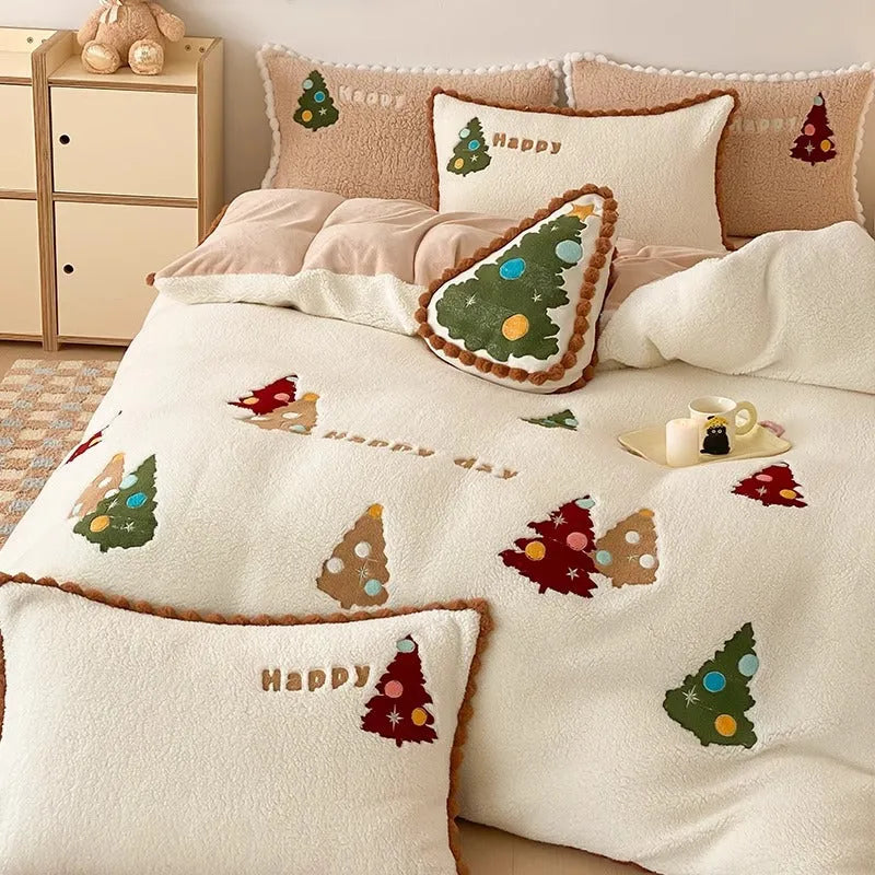 Bright yellow four-piece bedding set with embroidered cartoon winter Christmas tree pattern