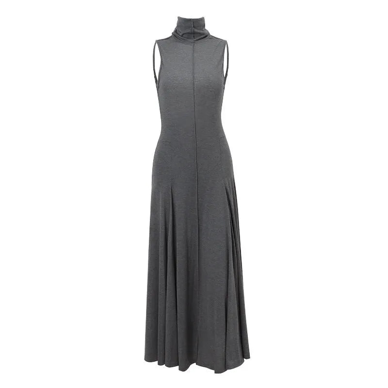 Grey slim-fit women's cotton dress with half turtleneck and backless design