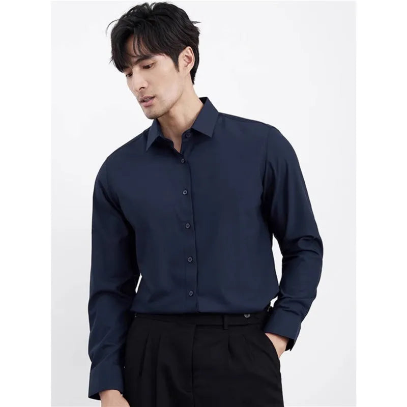 Men's wine red slim fit business casual shirt with long sleeves and cardigan styling