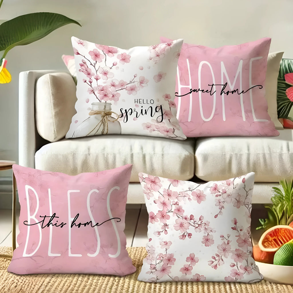 Square cherry blossom pattern velvet cushion cover measuring 45 by 45 centimetres