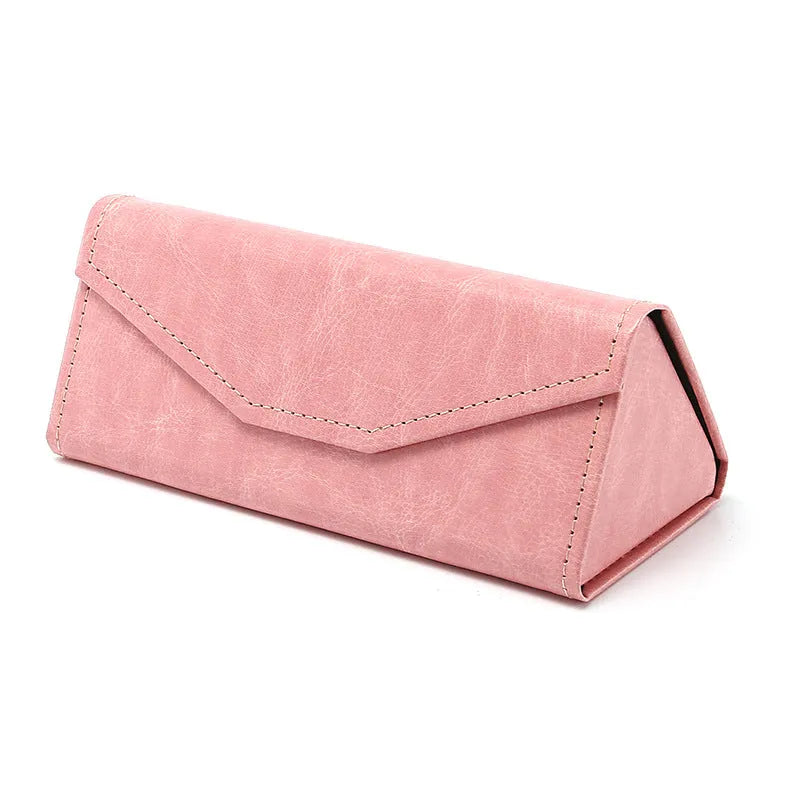 Handmade PU cowhide glasses case in black colour measuring 160x66x16mm for triangle folding frames