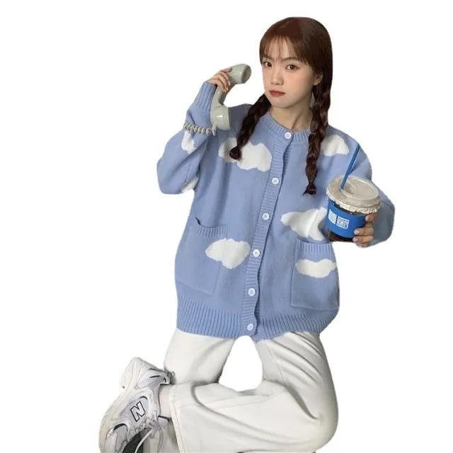 Women's blue cloud pattern cardigan sweater coat with loose fit and long sleeves