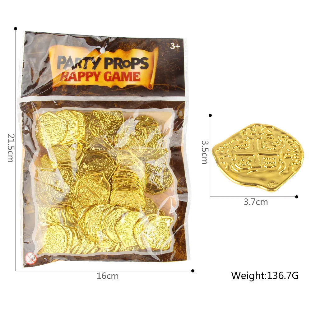 100 electroplated plastic Roman coin replicas in gold, silver, and bronze finishes for treasure chests and costumes.