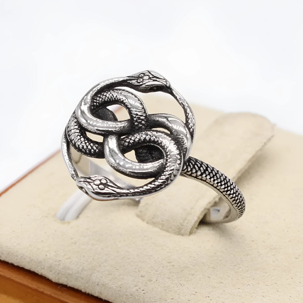 Titanium steel alloy double snake ring in retro European American style with steel colour finish