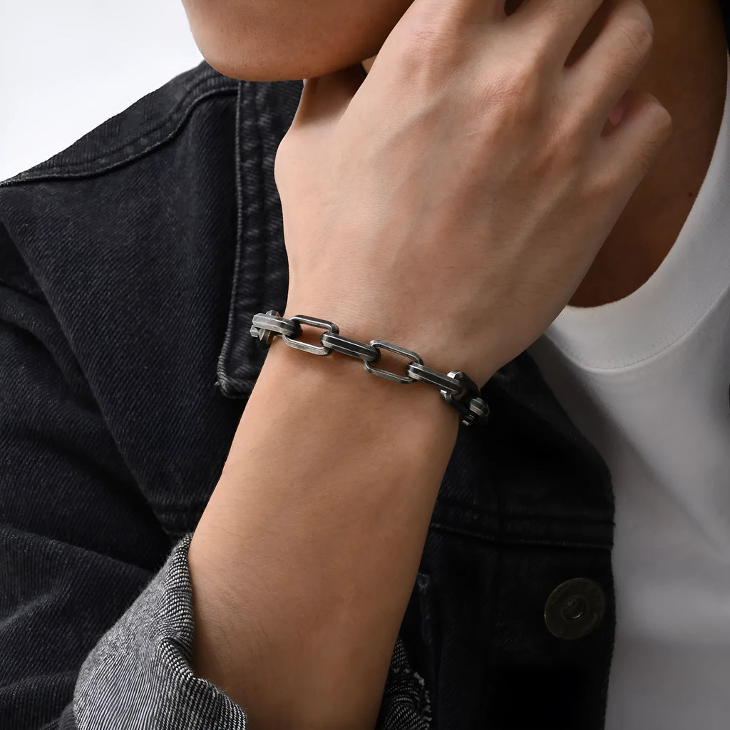 Men's stainless steel square chain bracelet in electroplated steel colour