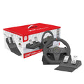 Black multi-platform gaming steering wheel with two pedals and LED displays