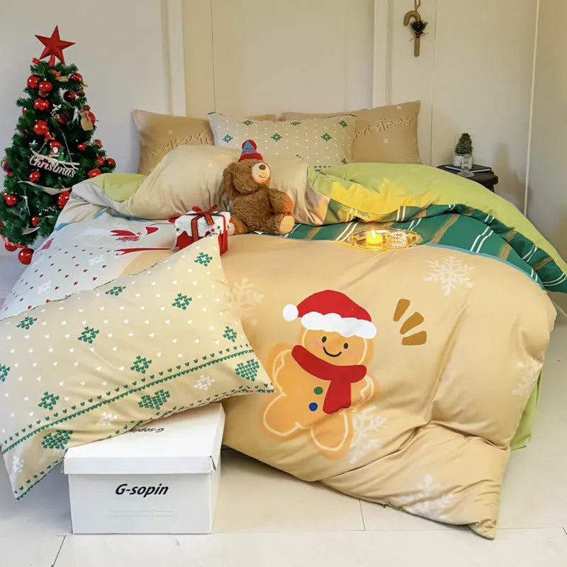 Christmas cartoon printed bedding set with super soft washed cotton showing sheet, quilt cover and pillowcases
