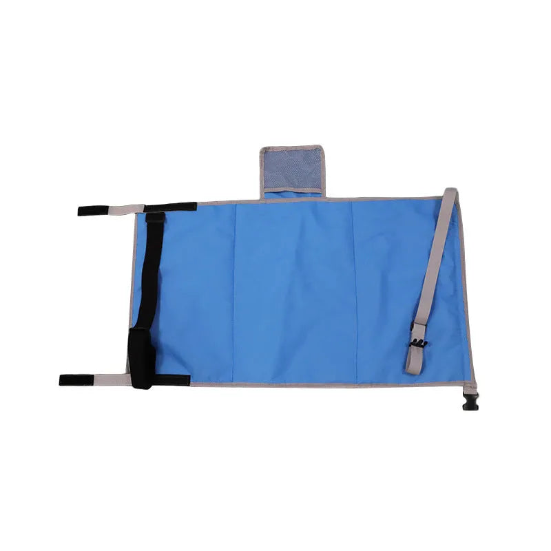 Blue portable children's aircraft pedal seat extender with matching drawstring bundle pocket for car booster seats