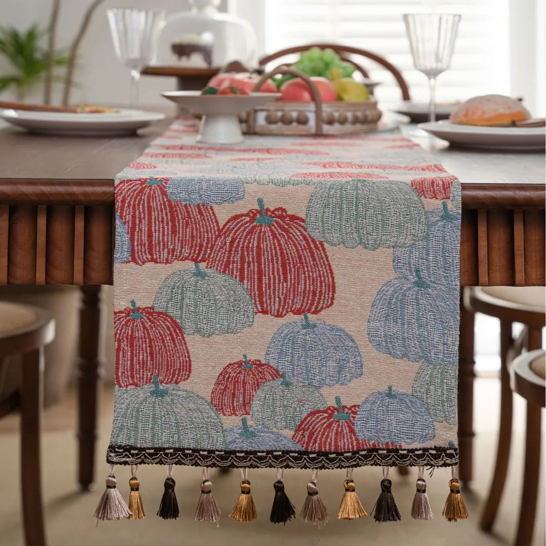 American style jacquard table runner with long tassels and floral pattern for wedding decoration