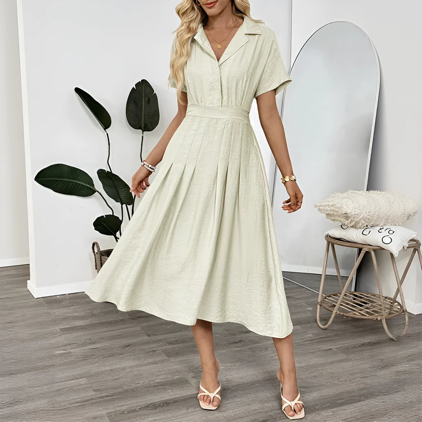 Light green twill lapel shirt dress with waist tie and splicing detail on a mannequin