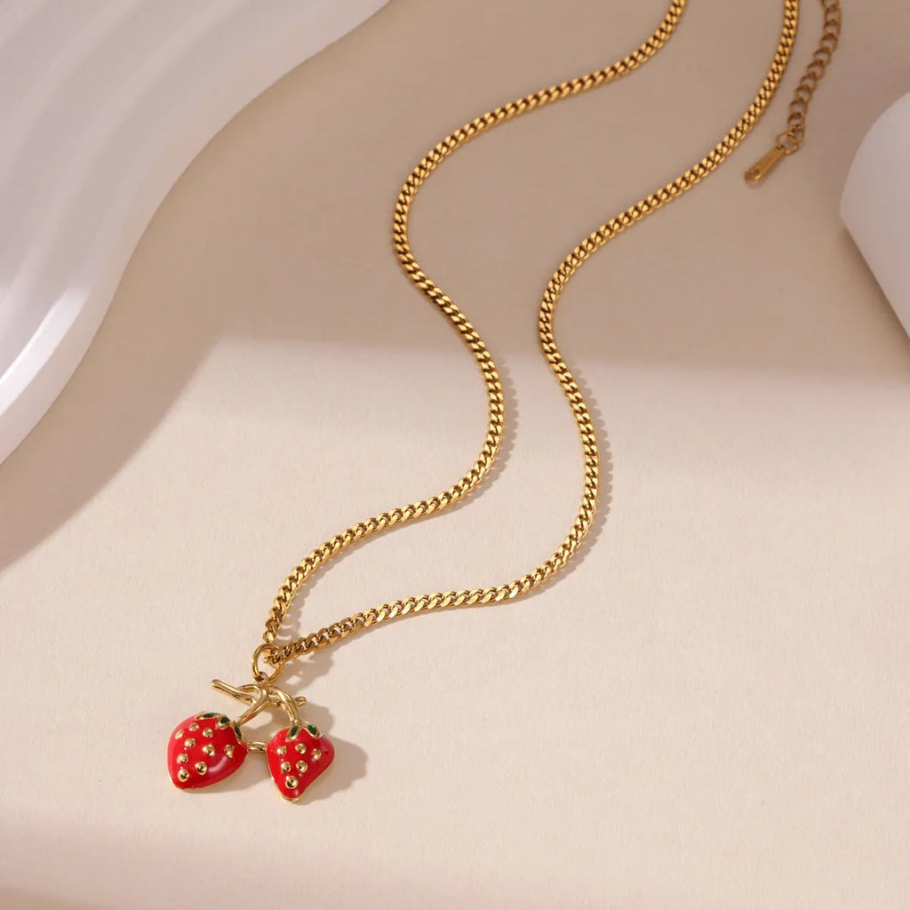 Strawberry fruit pendant necklace in stainless steel with red or white powder gradient finish