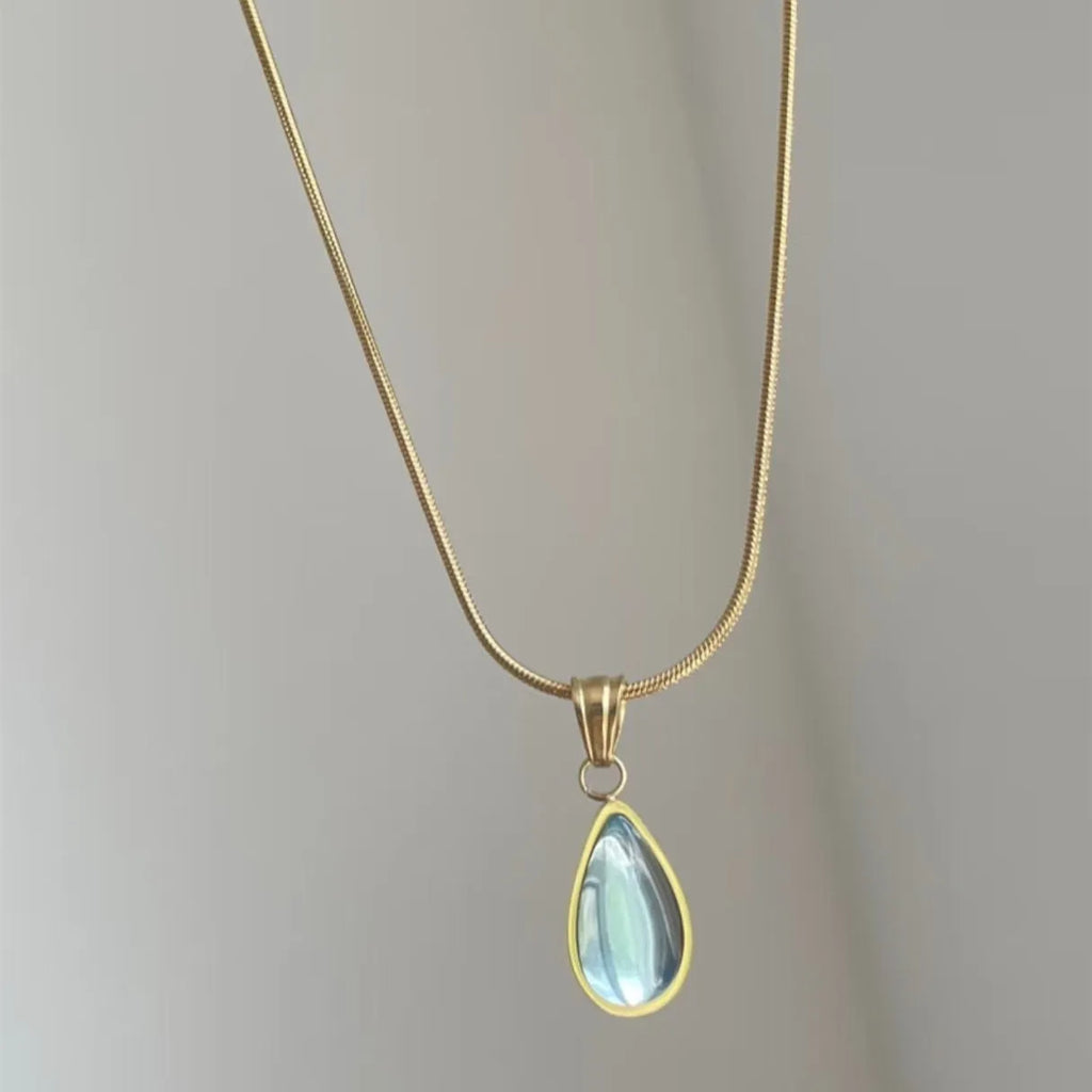 Retro water drop necklace with titanium steel chain and blue or green gemstone pendant