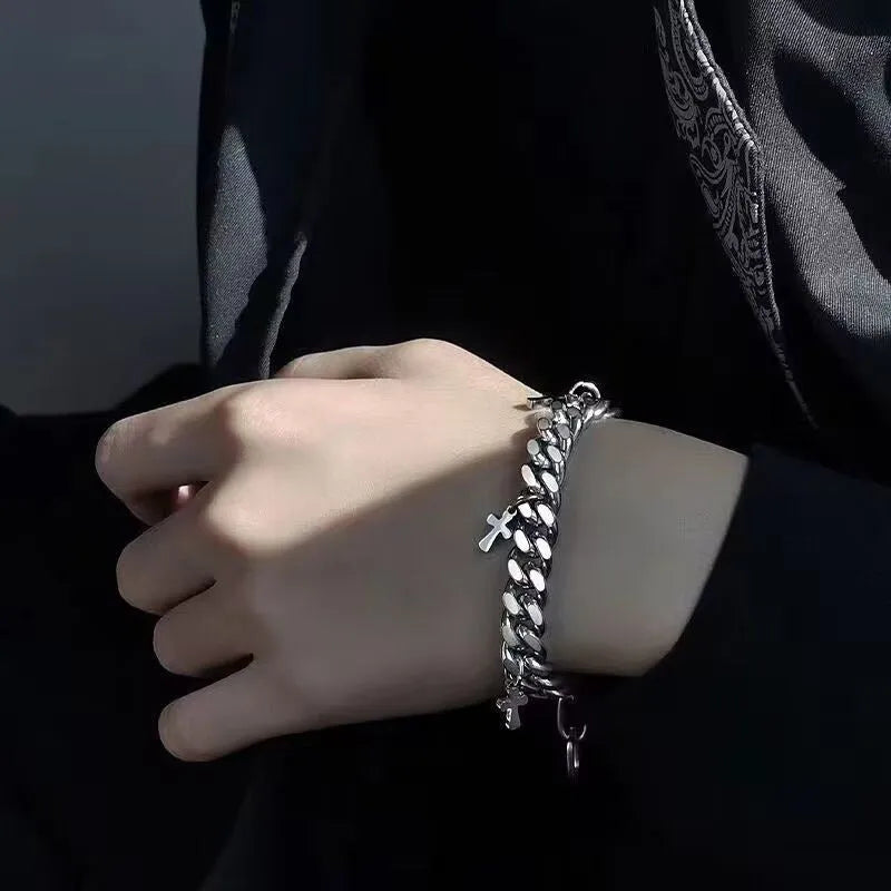Men's geometric cross bracelet in titanium steel with cold wind style design