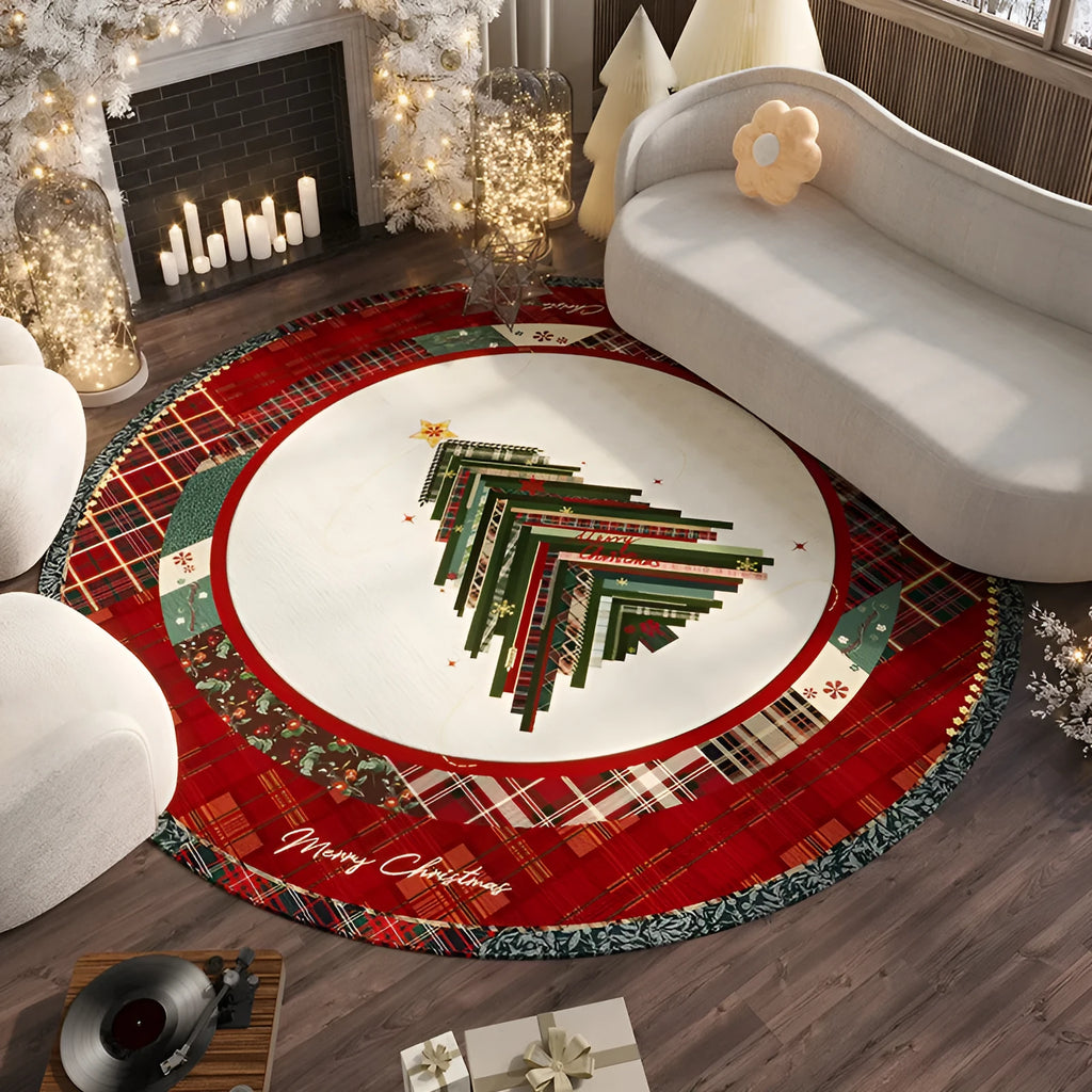Round red Christmas polyester floor carpet with festive design and non-slip base