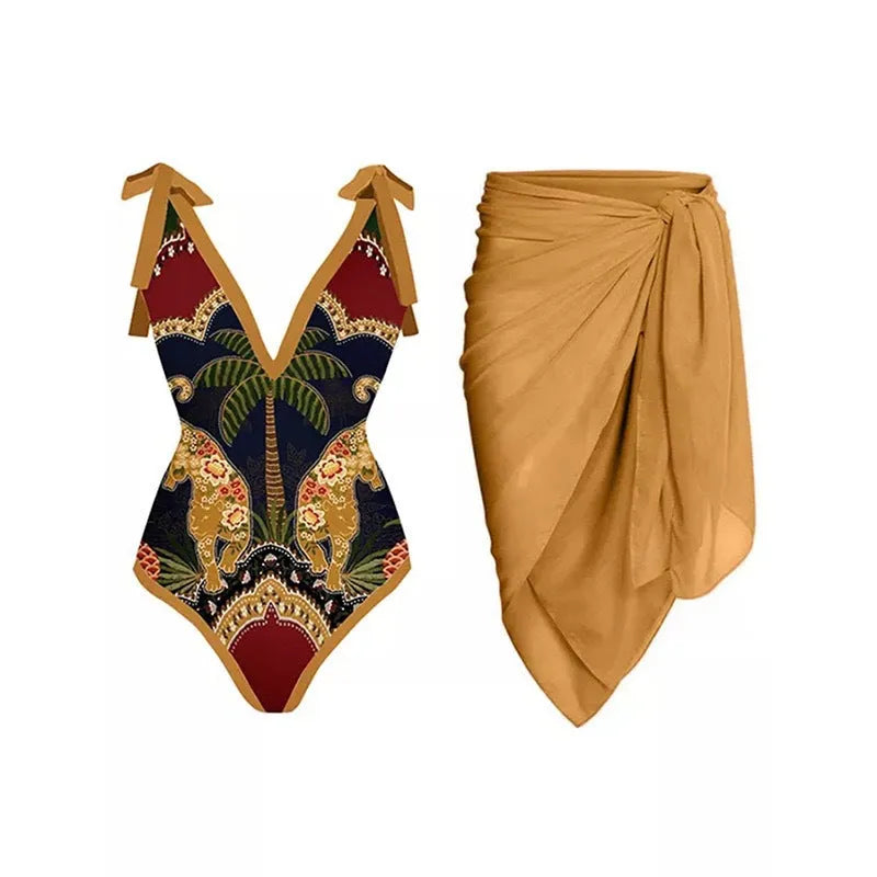 Women's solid colour one-piece swimsuit with spaghetti straps and a removable skirt attached