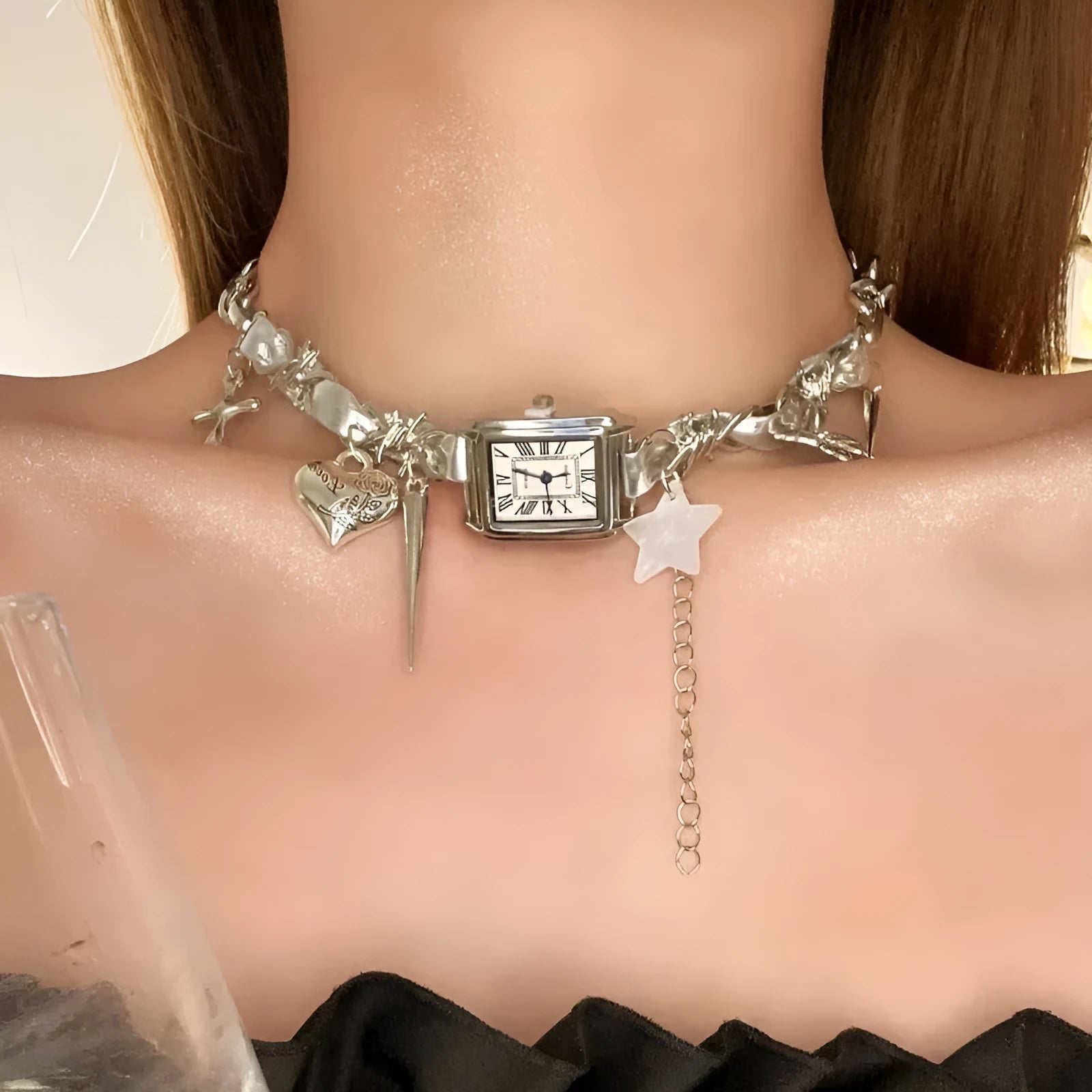 Dark multi-layer cross necklace with twin clavicle chains and adjustable 41-50cm length