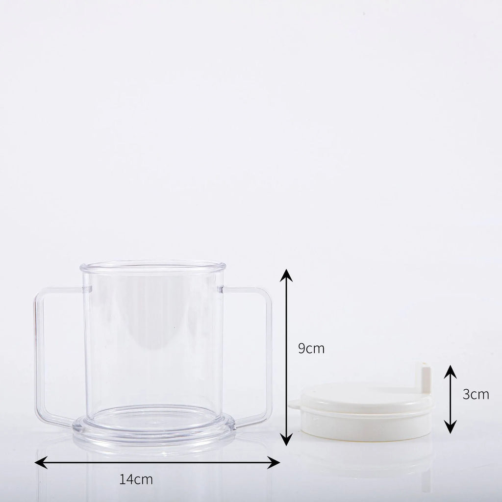 Transparent plastic drinking cup with a black spill-proof lid on a white background