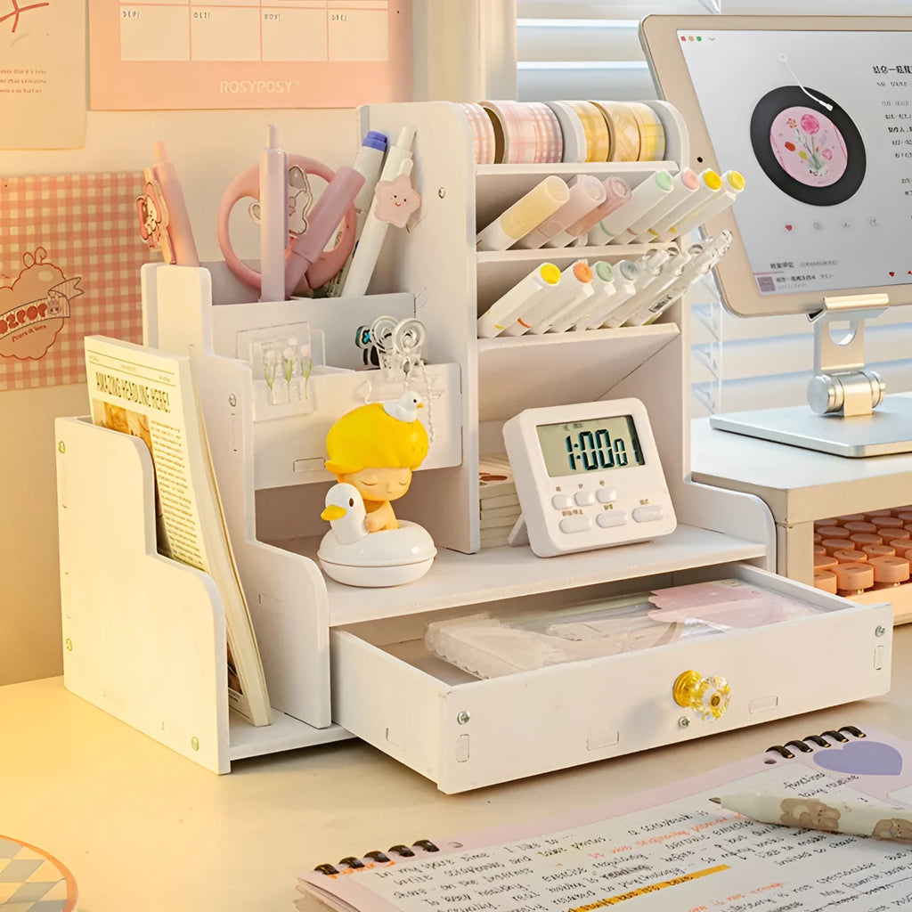 Square plastic pen storage box with oblique insertion compartments for organising writing instruments