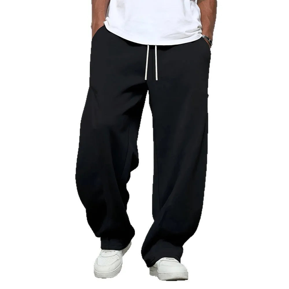 Men's straight leg casual trousers with drawstring waist in black, dark grey and light grey colours