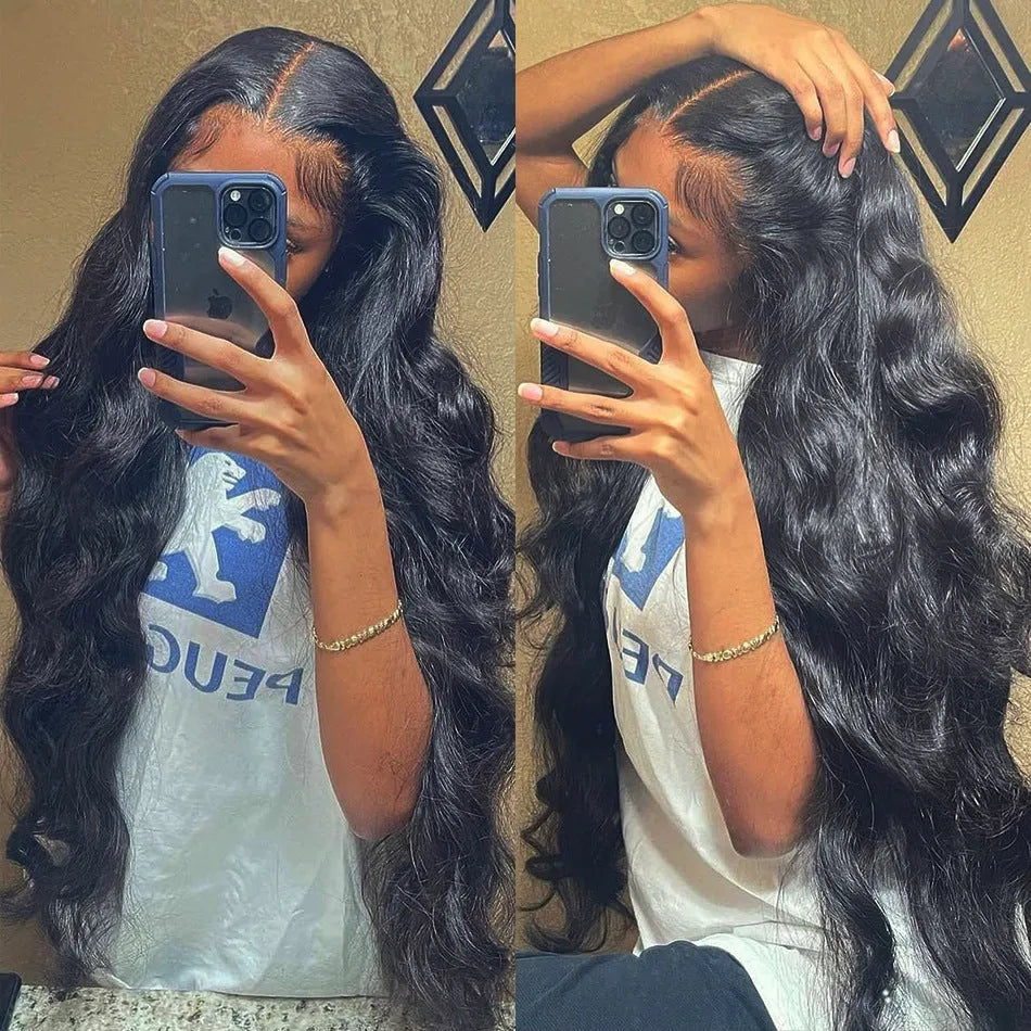 Black long curly synthetic wig with side bangs and a lace front, shown on a mannequin head.
