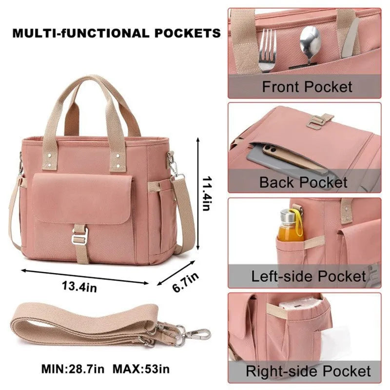 Insulated Oxford cloth picnic bag with removable shoulder strap and side pocket in black, green, or pink.