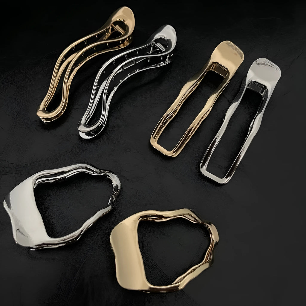 Women's geometric hair clips in polished zinc alloy, gold and silver colours, square arc triangle shapes