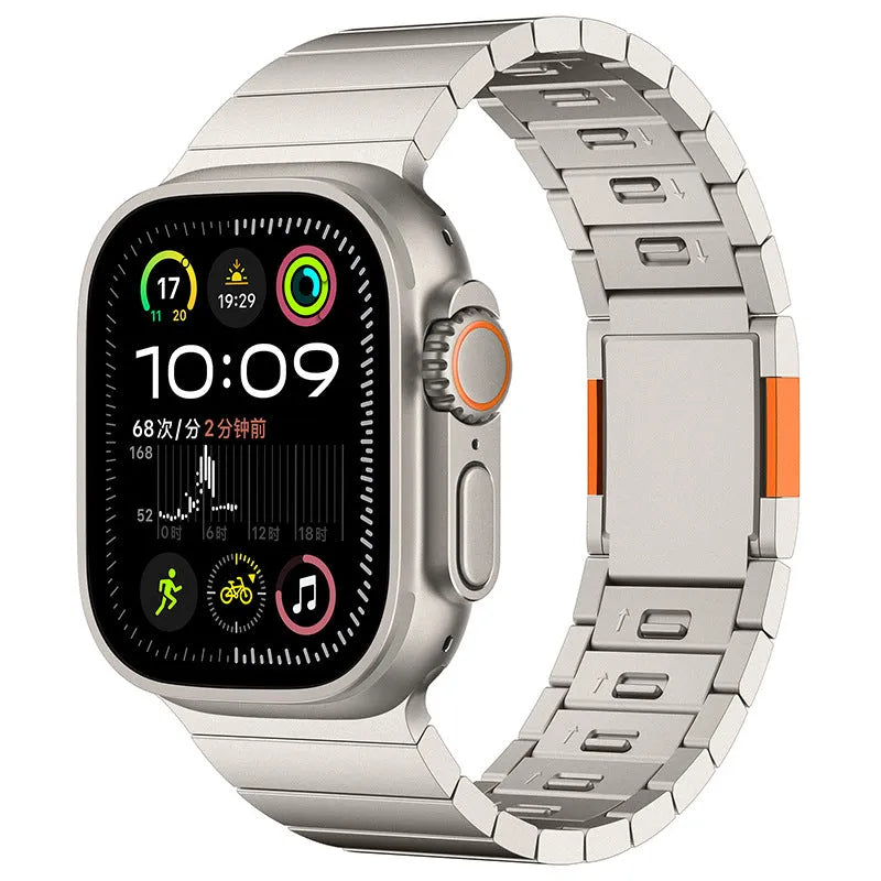 Stainless steel magnetic buckle watch strap for Apple Watch in silver colour showing business style and magnetic clasp
