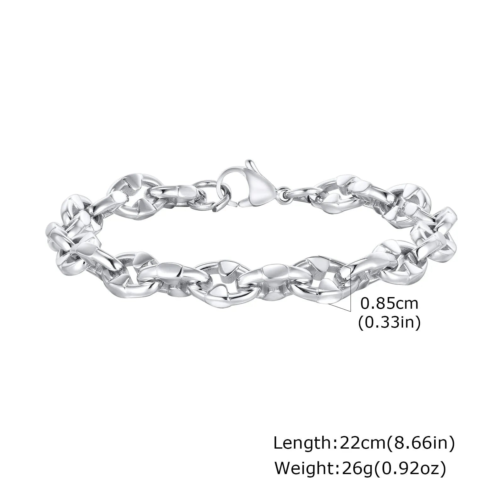 Handmade stainless steel thick chain bracelet with geometric links in steel colour