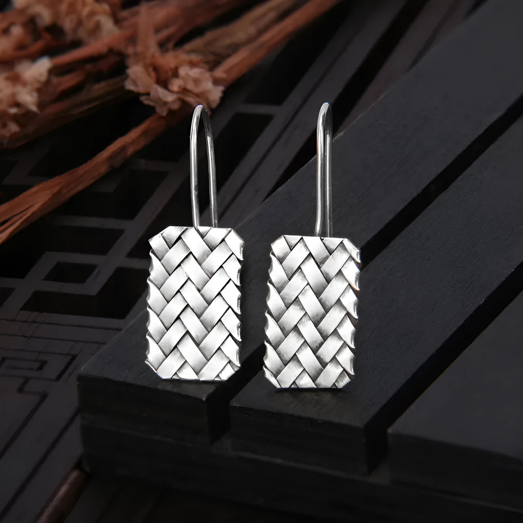 Silver geometric woven plaid drop earrings for women, 17.5mm by 11mm.