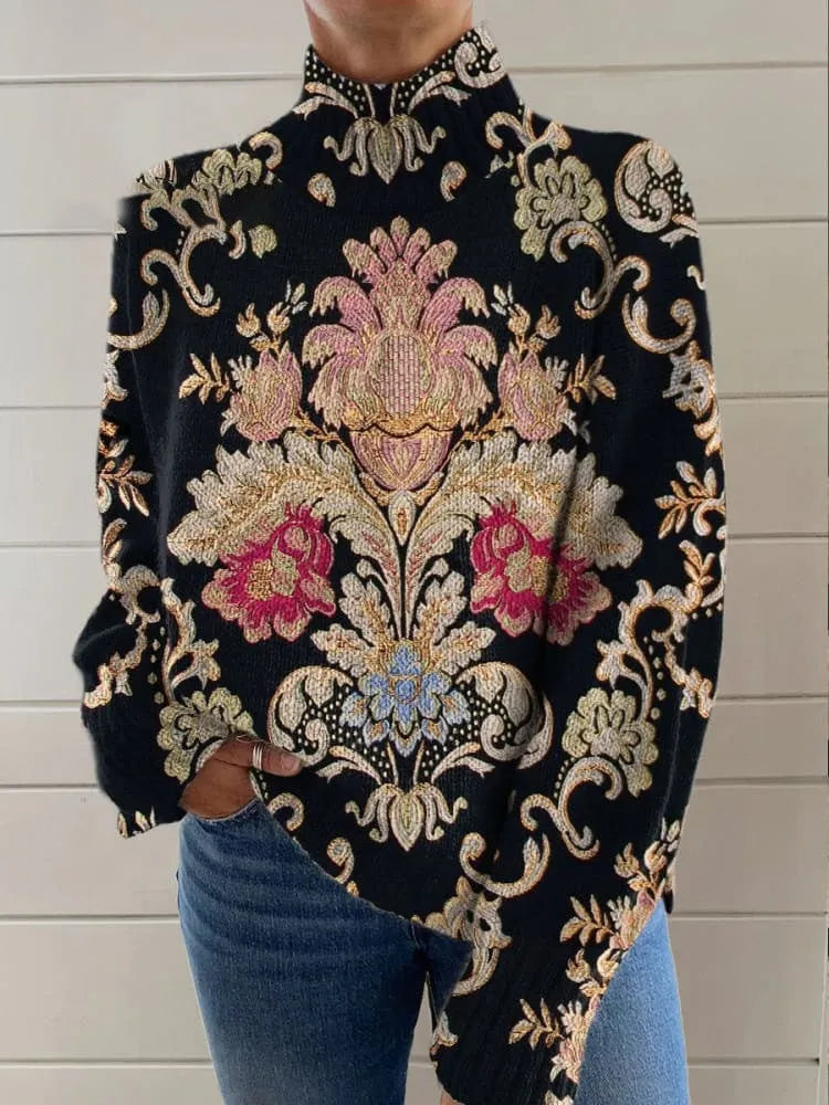 Black knit pullover sweater with a 3D printed pattern, shown in a loose fit.