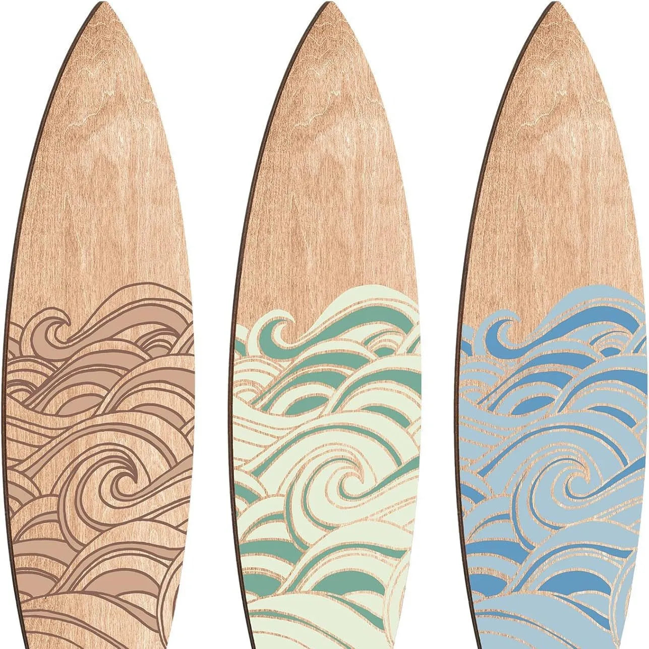 Three identical wooden surfboard decorations on display