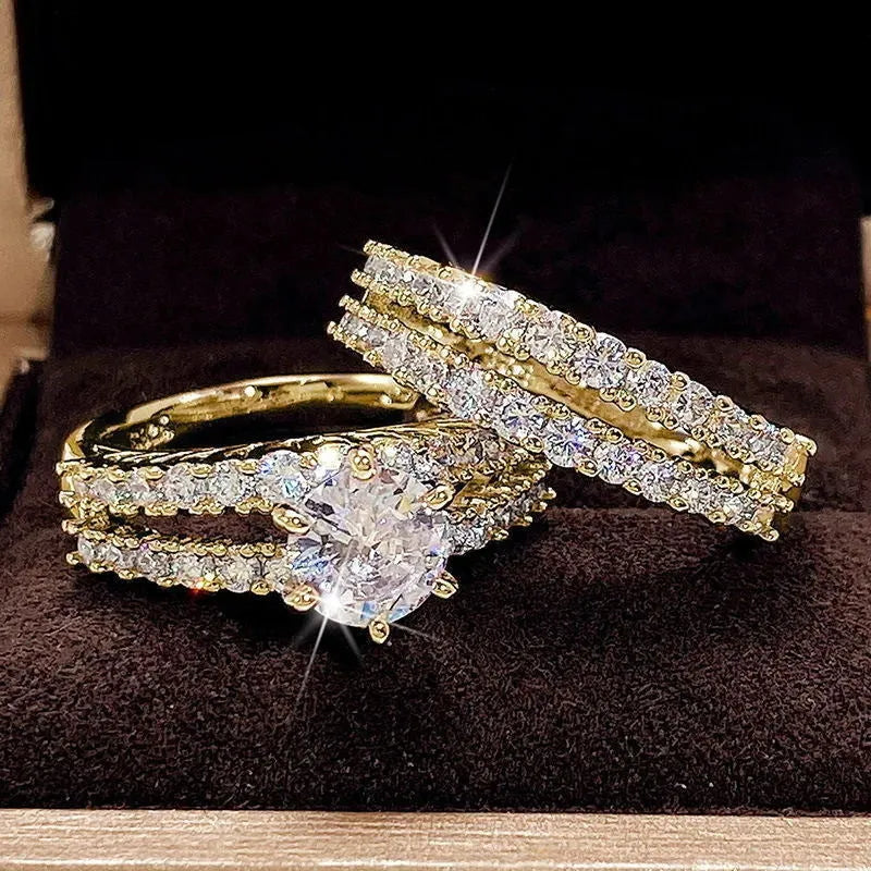 Two-piece fully jewelled female alloy ring set in geometric shapes, shown in gold, rose gold, and silver colour options.