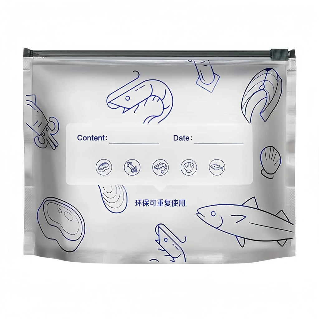 Pack of ten aluminium foil fresh-keeping bags in three sizes: small, medium, and large.