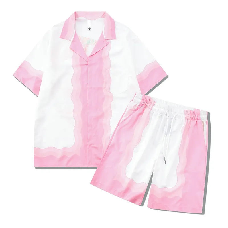 Plaid print beach outfit with short sleeve shirt and matching pants on mannequin