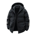 Man wearing a black hooded winter coat with letter print and side pockets, styled as a Korean cardigan.