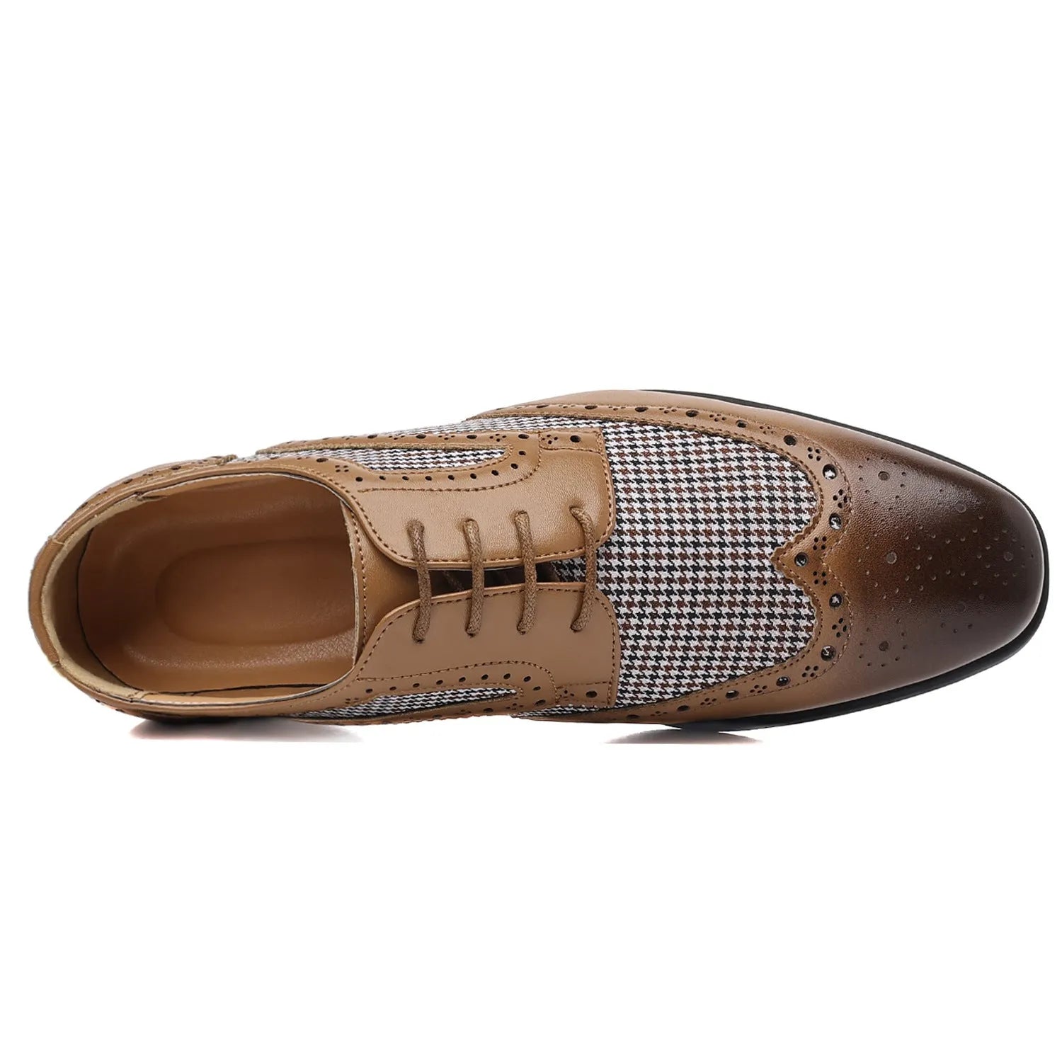 Men's black houndstooth pattern casual lace-up shoes with a square toe and rubber sole.