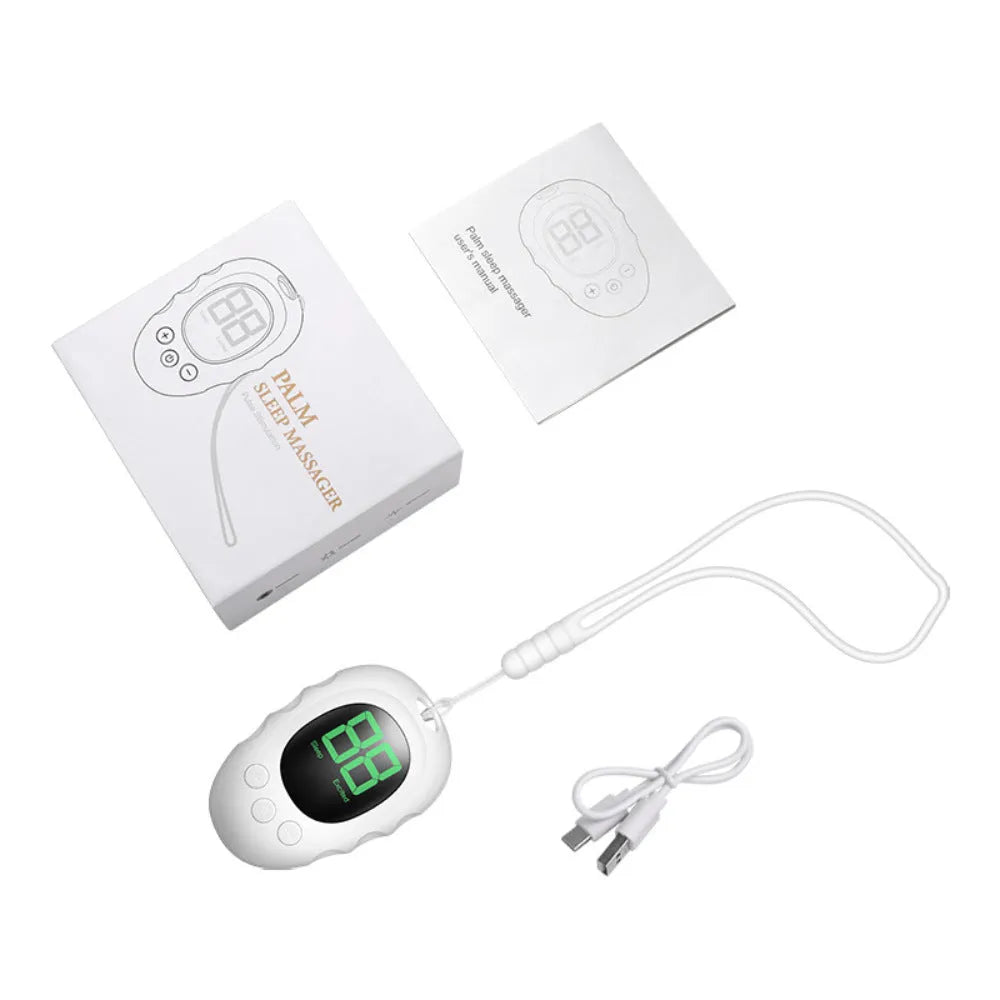 Rechargeable silicone sleep aid hand grip device in black, white, or green colour with USB charging cable.