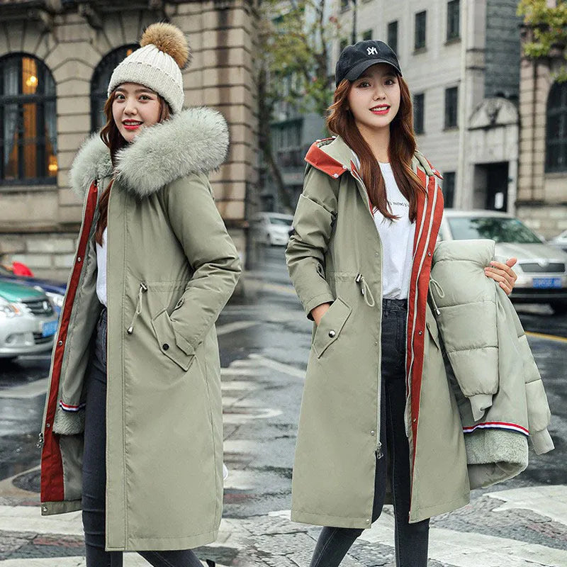 Women's long white fleece trench coat with cotton padding, showing elegant style and 100cm length.
