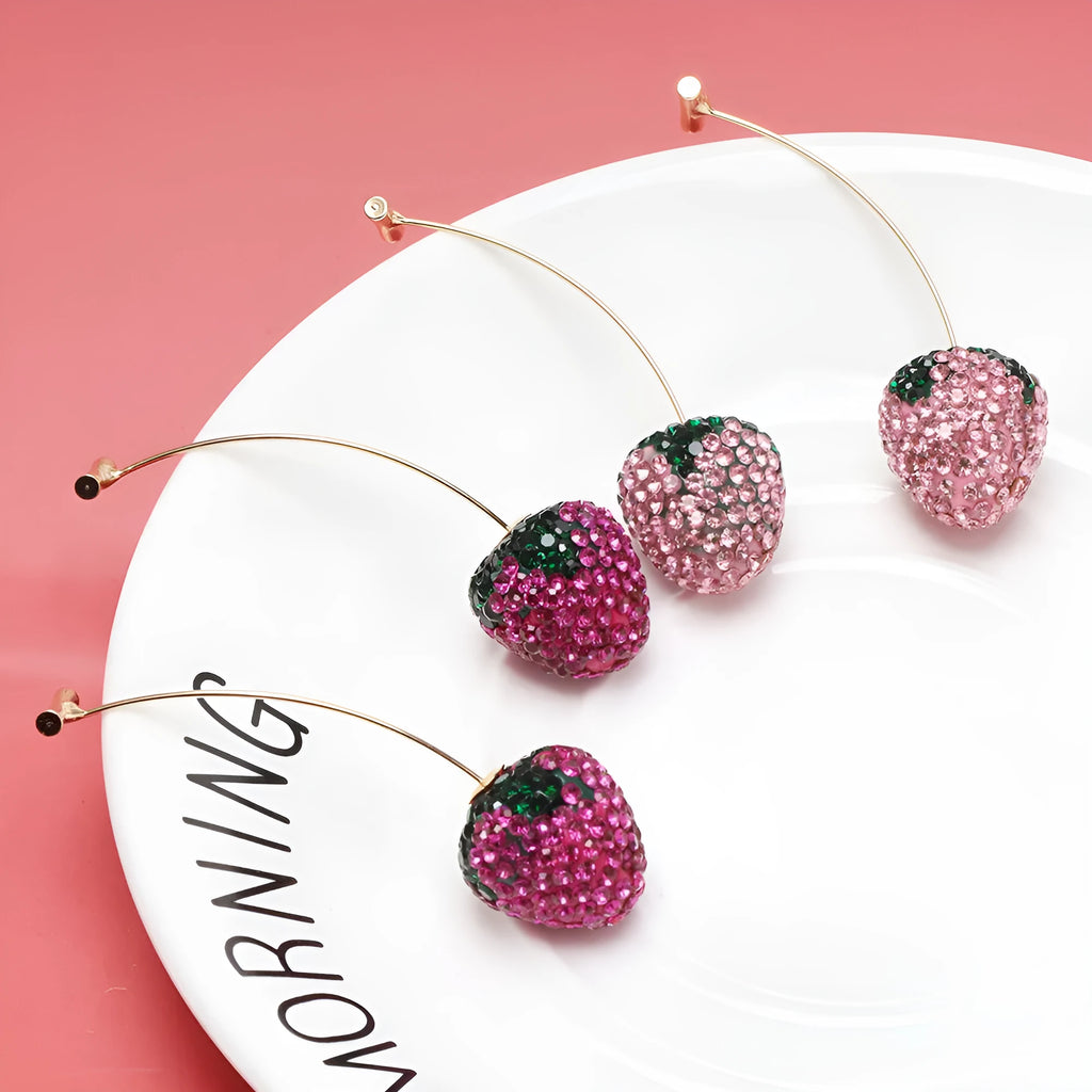 Geometric strawberry earrings with spot drill design in zinc alloy, showing colour variations