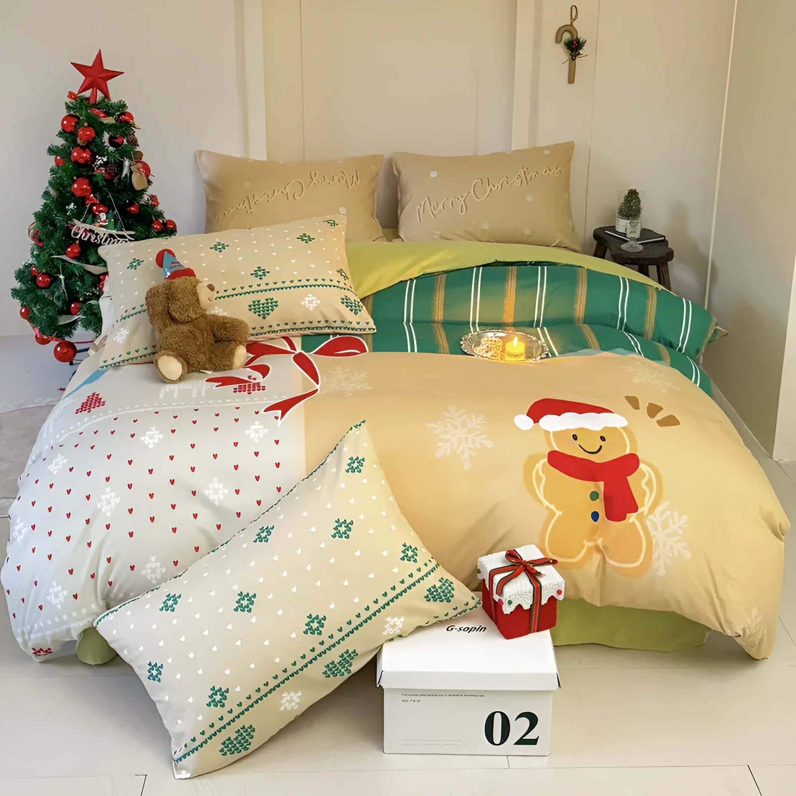 Christmas cartoon printed bedding set with super soft washed cotton showing sheet, quilt cover and pillowcases