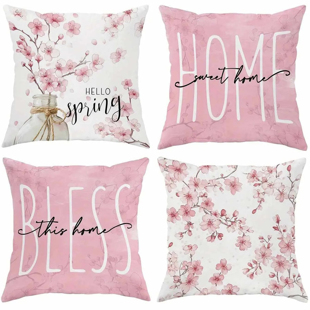 Square cherry blossom pattern velvet cushion cover measuring 45 by 45 centimetres