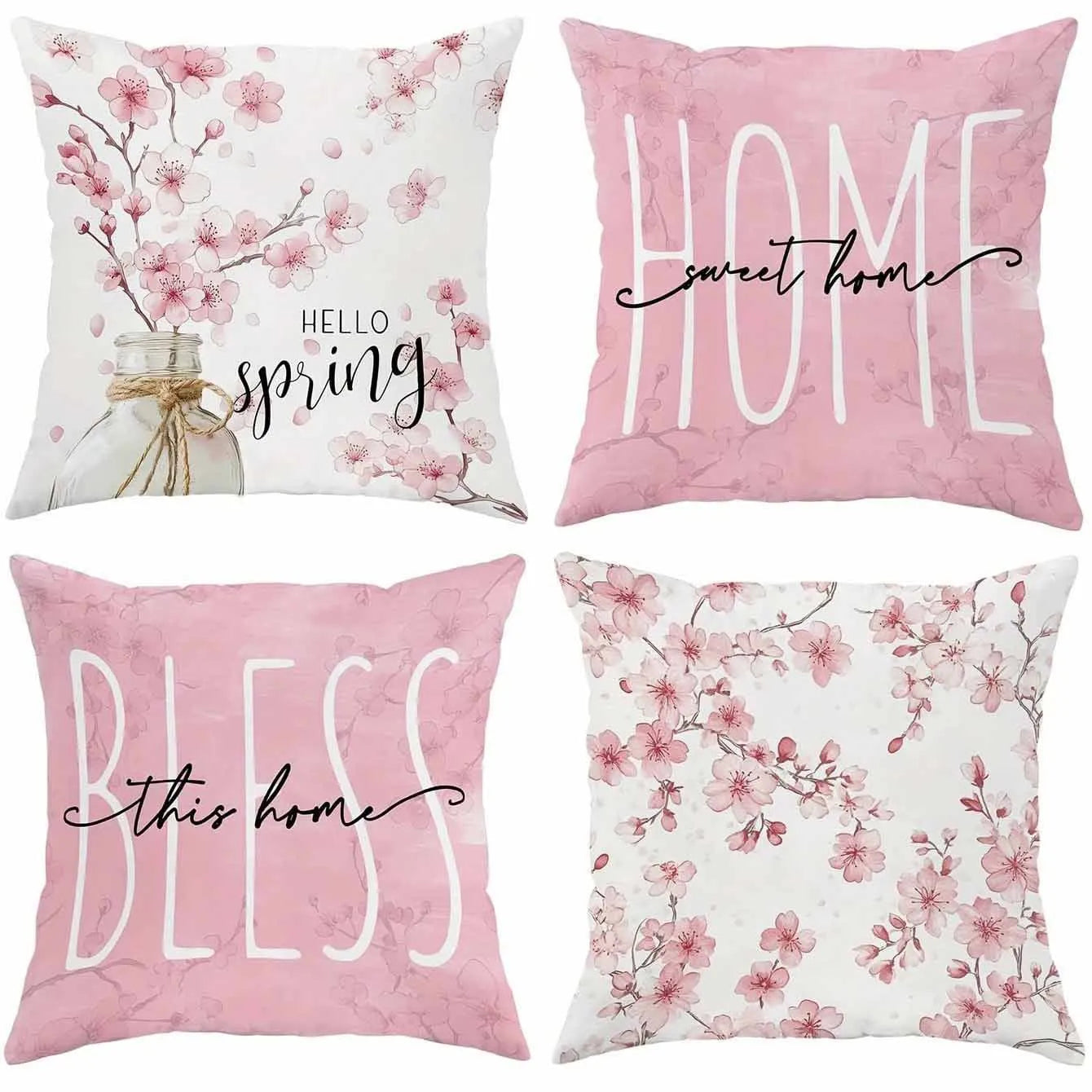 Square cherry blossom pattern velvet cushion cover measuring 45 by 45 centimetres