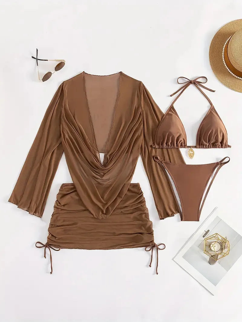Women's dark brown lace-up bikini swimsuit with brief style and backless design.