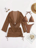 Women's dark brown lace-up bikini swimsuit with brief style and backless design.