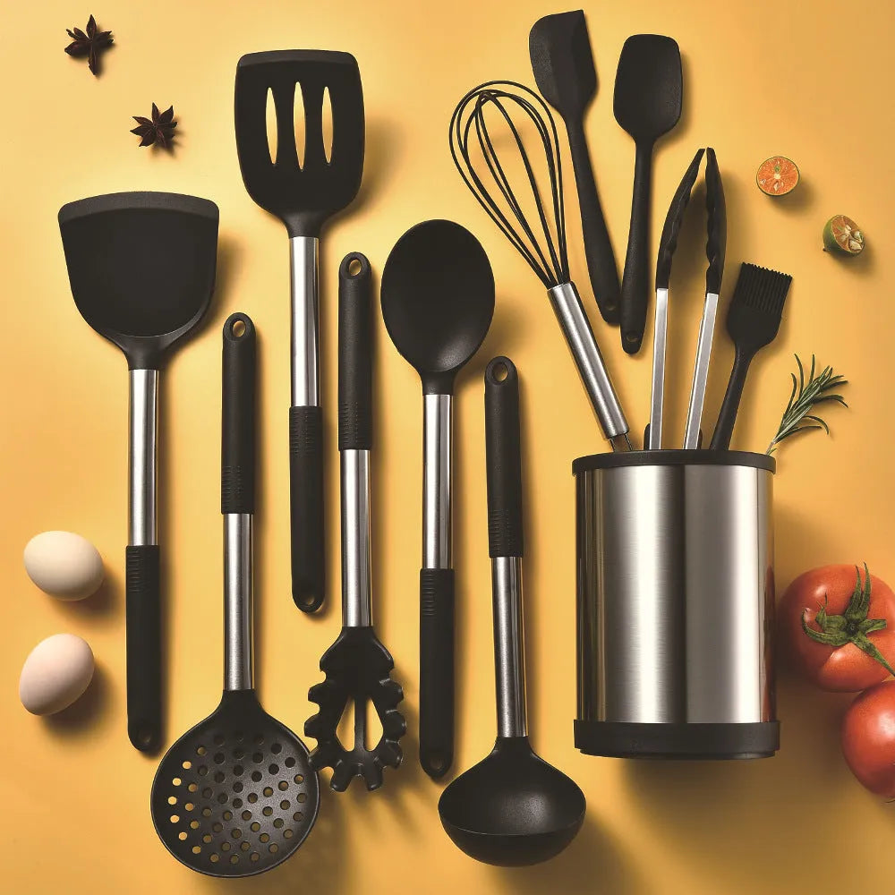 12 piece silicone kitchenware set with rotating storage bucket including spatula, ladle, spoon and cooking utensils