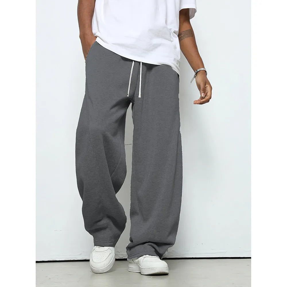 Men's straight leg casual trousers with drawstring waist in black, dark grey and light grey colours