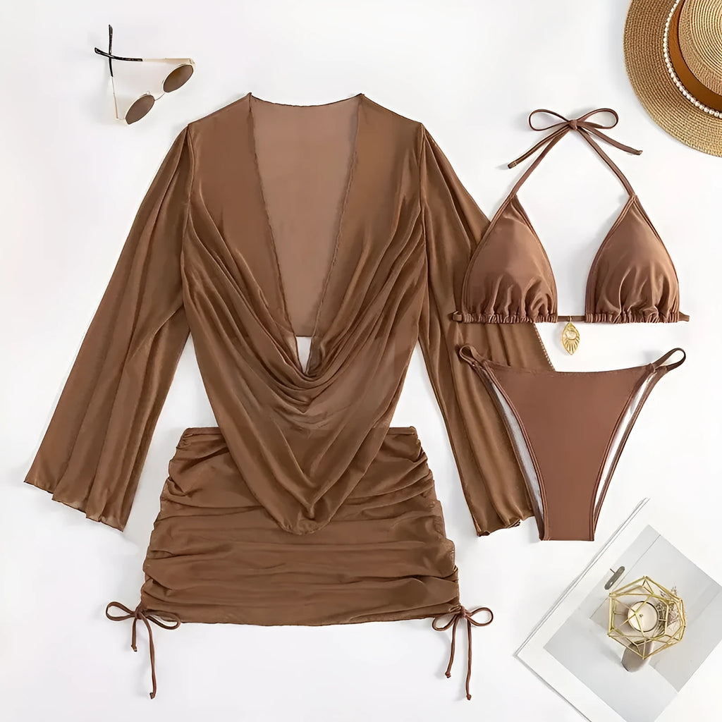 Women's dark brown lace-up bikini swimsuit with brief style and backless design.