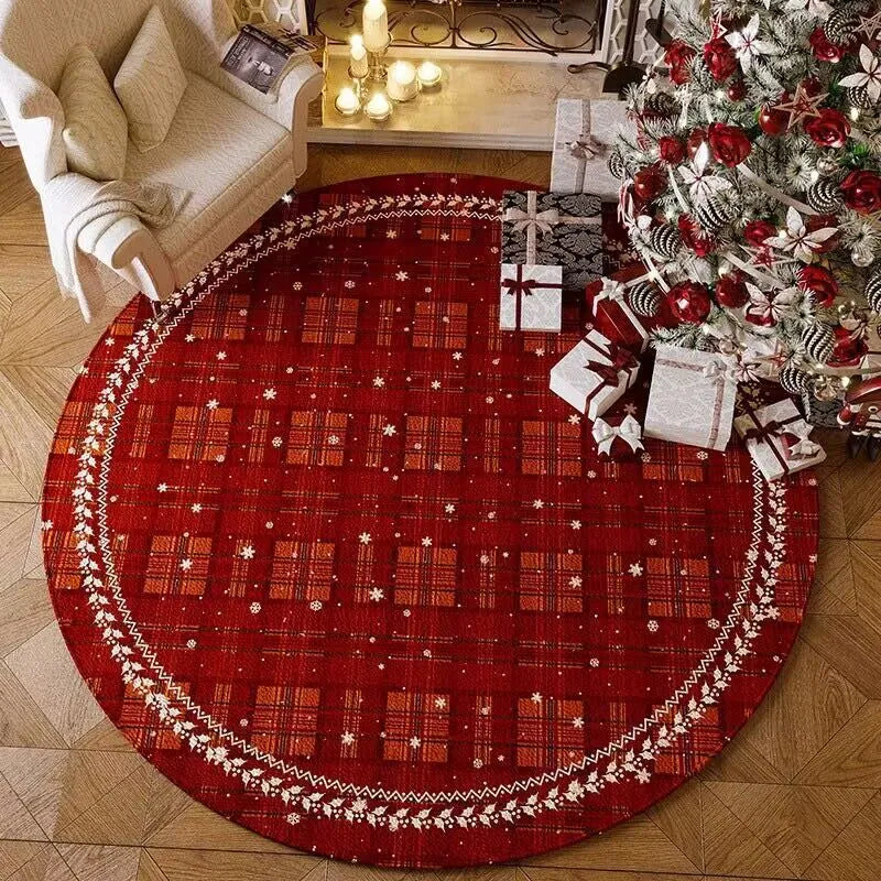 Round red Christmas polyester floor carpet with festive design and non-slip base