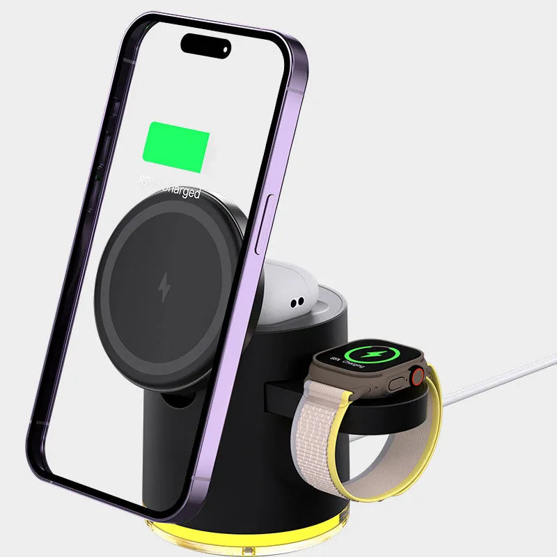 C16 ivory white and black portable magnetic three-in-one wireless folding charger for phone, watch, and earphones.