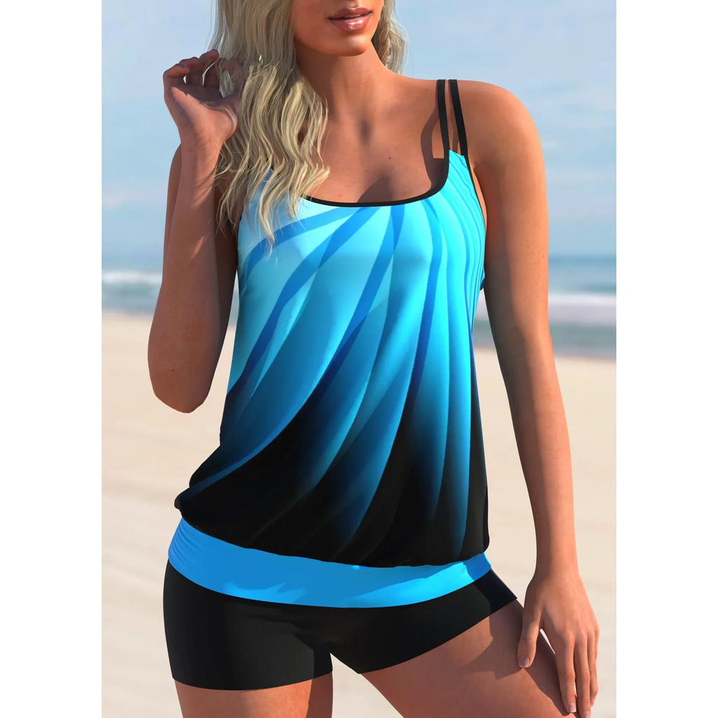 Women's plus size butterfly print swimsuit set with strap top and matching shorts
